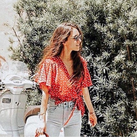 HEARTLOOM Blouse Red Blake wrap Bow Tie Waist Spring Blouse Size XS - Picture 6 of 8